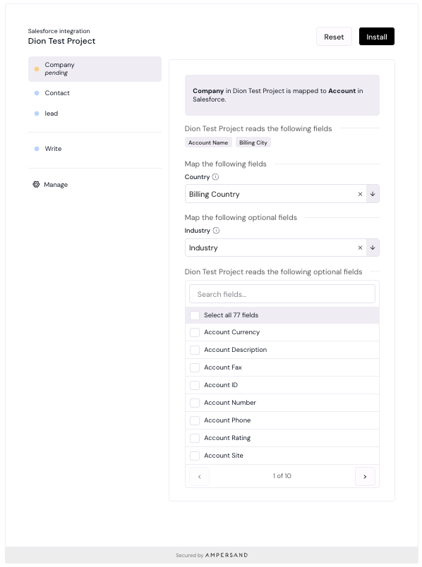 InstallIntegration configuration screen