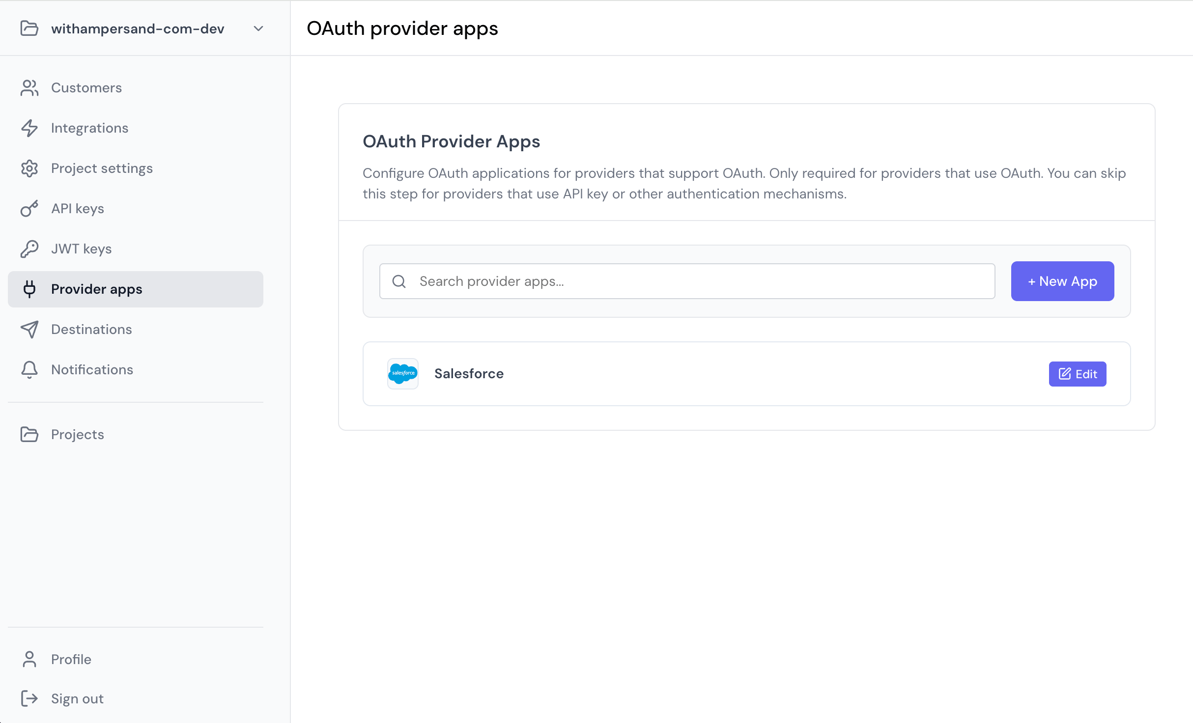 Add the Salesforce provider app in the Ampersand dashboard