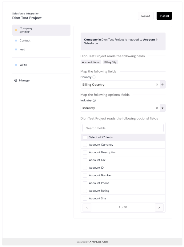 InstallIntegration configuration screen