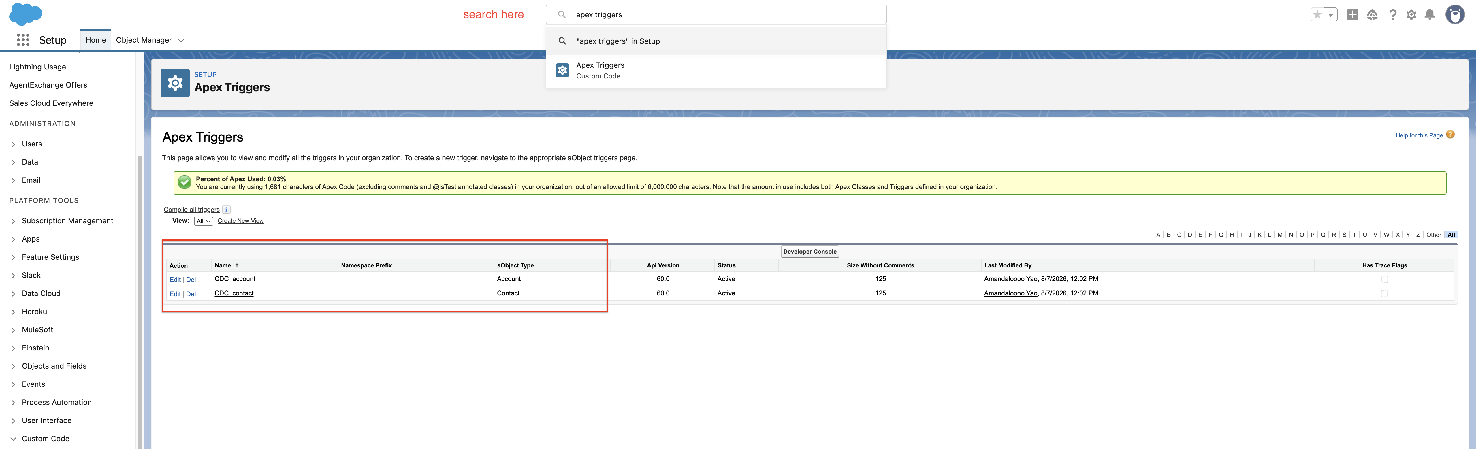 Apex triggers in Salesforce Setup