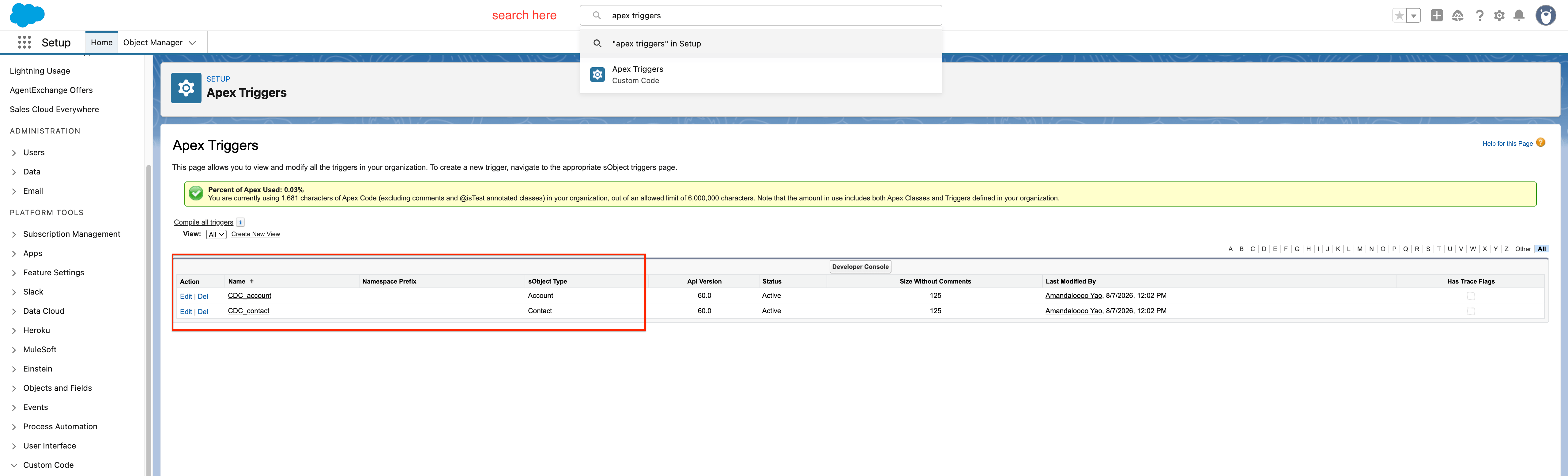 Apex triggers in Salesforce Setup
