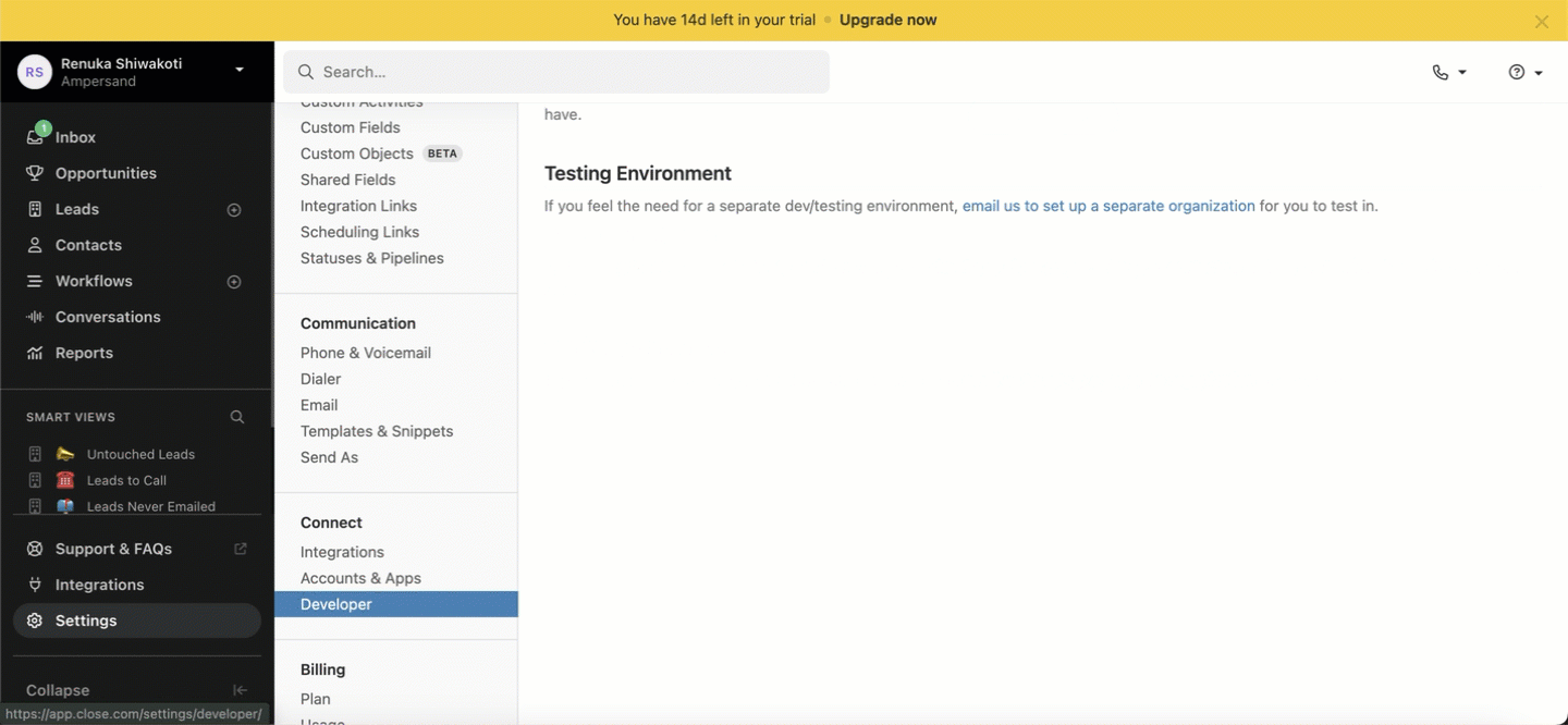 Close CRM API Key Details