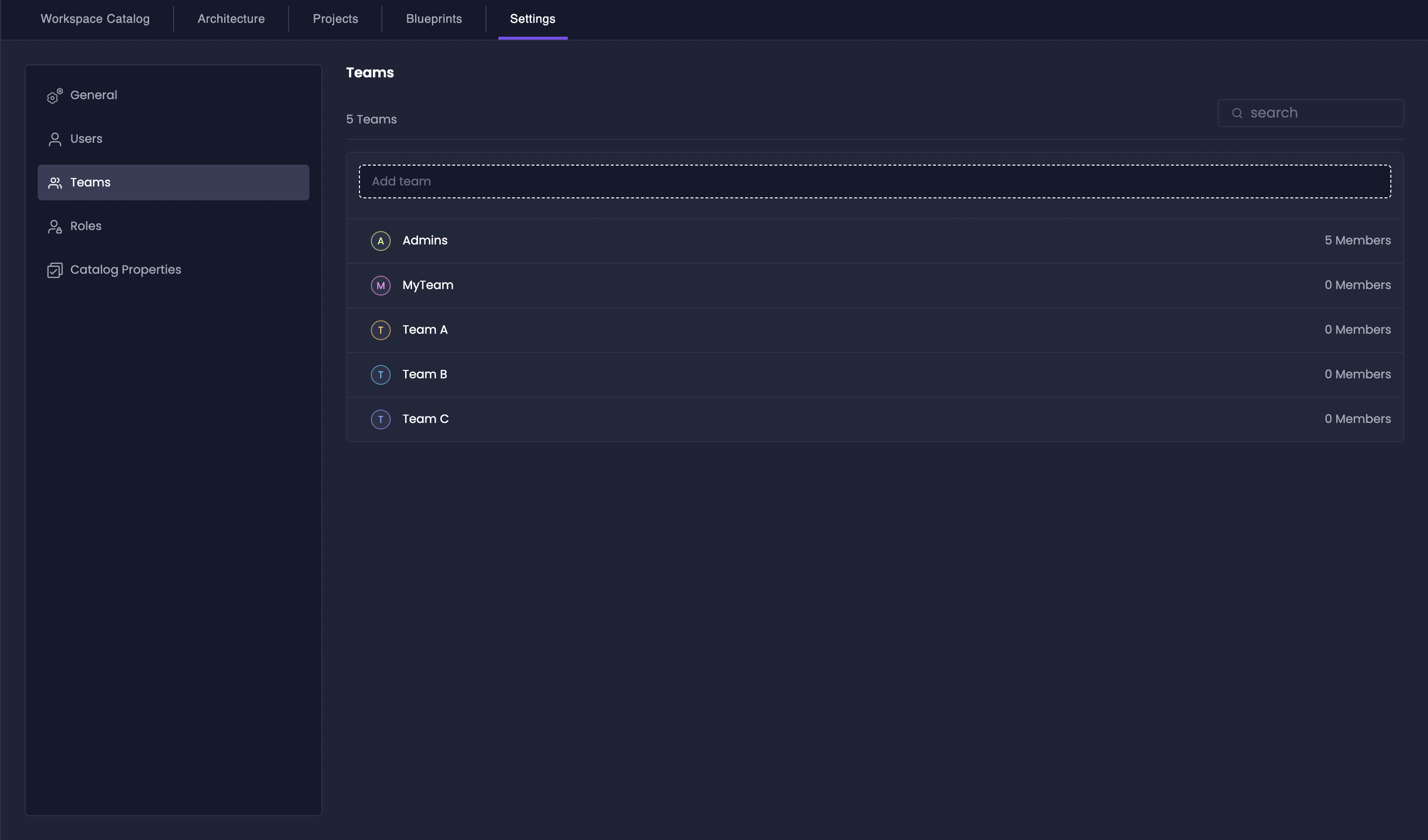 Teams management interface