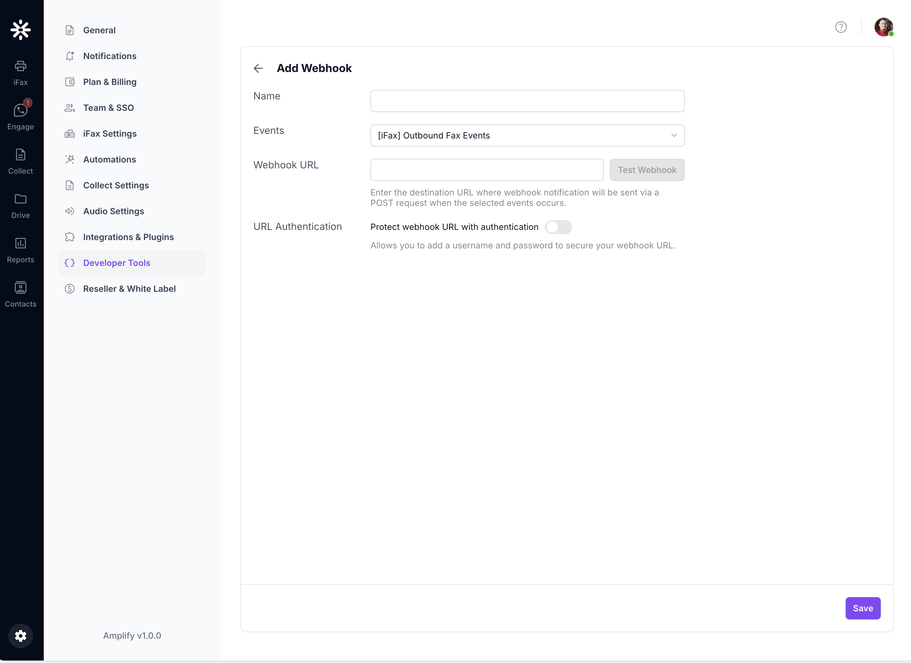 The Add Webhook form with Name, Events, Webhook URL, URL Authentication, Test Webhook, and Save controls.