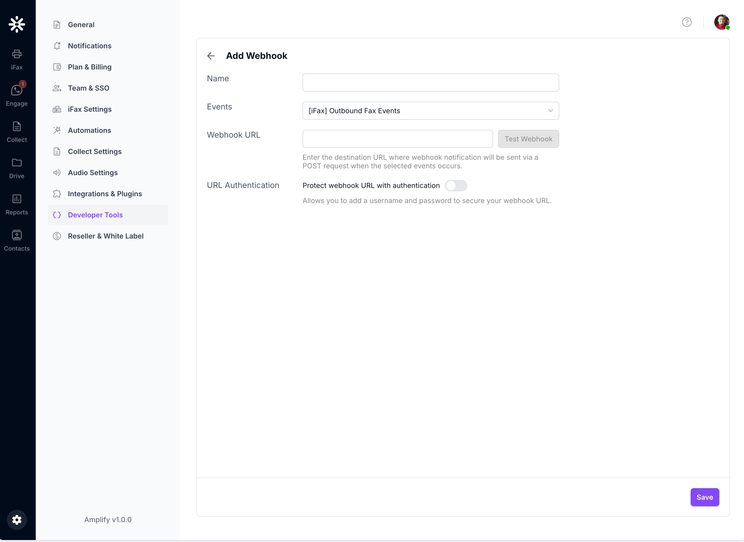 The Add Webhook form with Name, Events, Webhook URL, URL Authentication, Test Webhook, and Save controls.