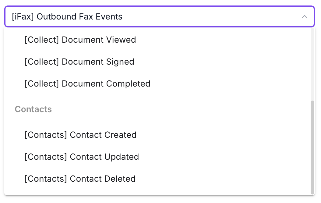 The Events menu showing the Contacts webhook event options.