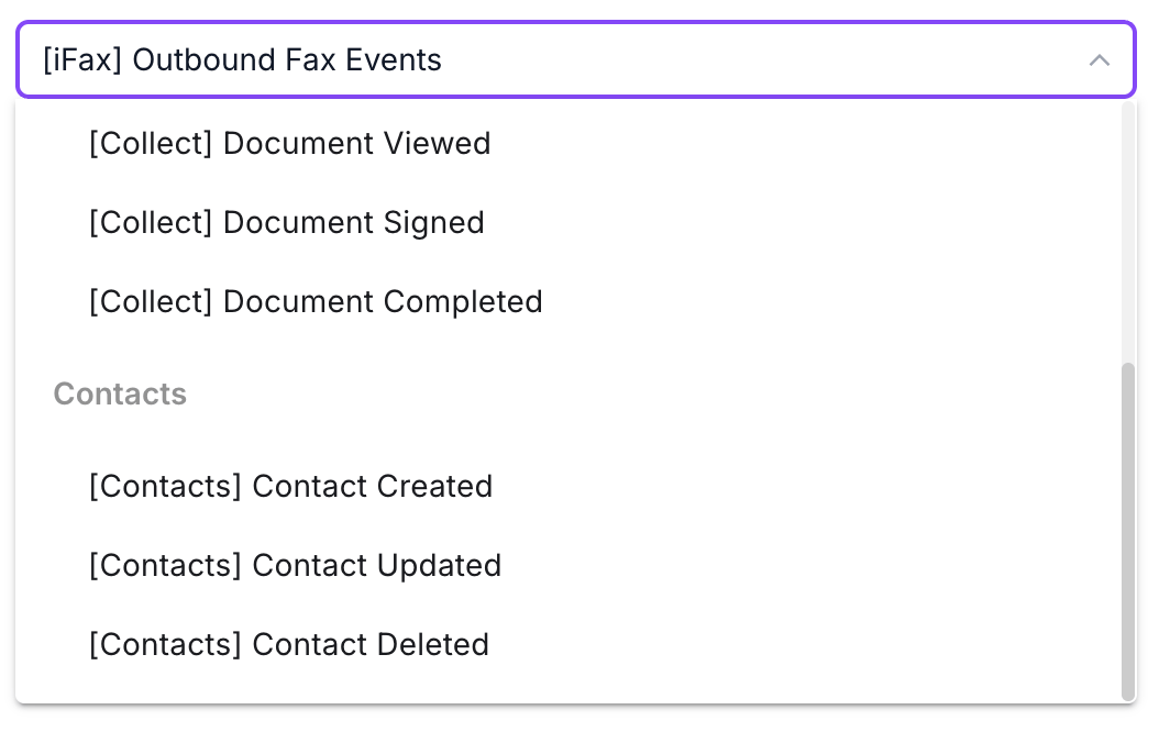 The Events menu showing the Contacts webhook event options.