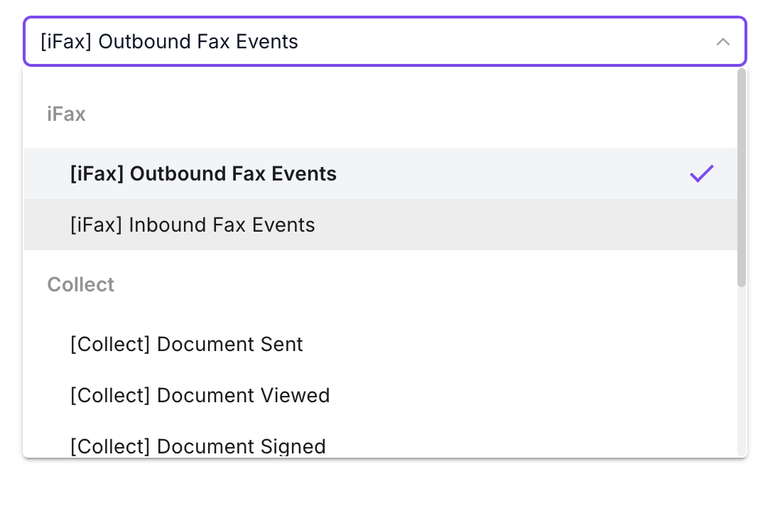 The Events menu showing iFax and Collect webhook event options.