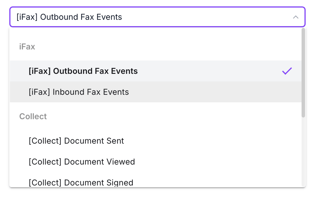 The Events menu showing iFax and Collect webhook event options.