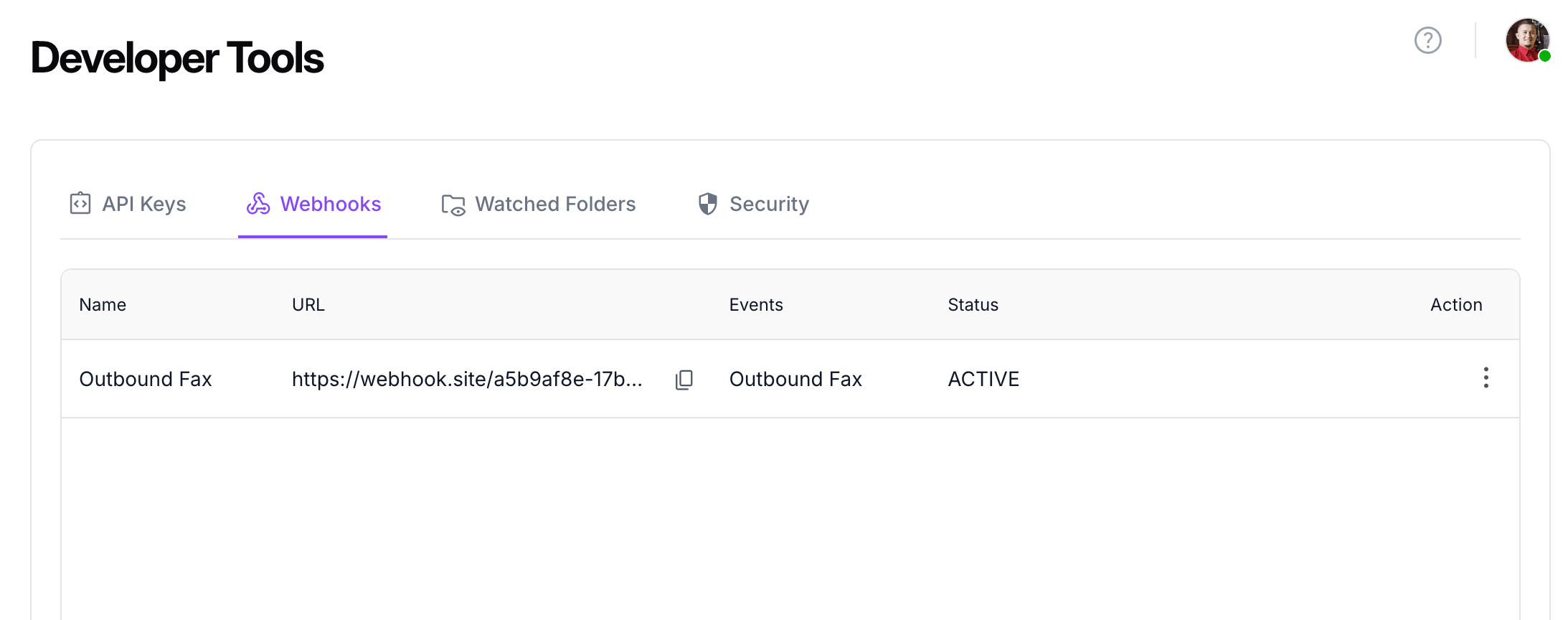 The Webhooks list showing a saved active webhook.
