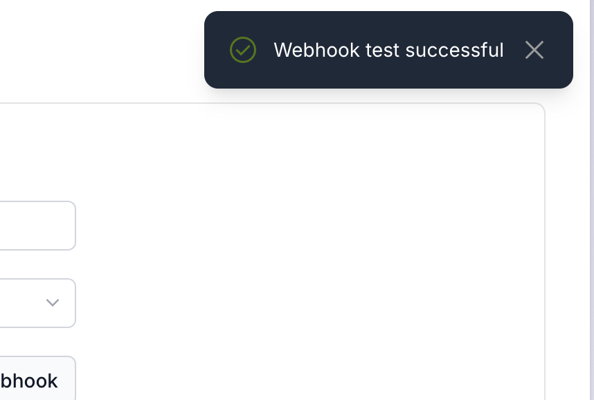 A success notification reading Webhook test successful.