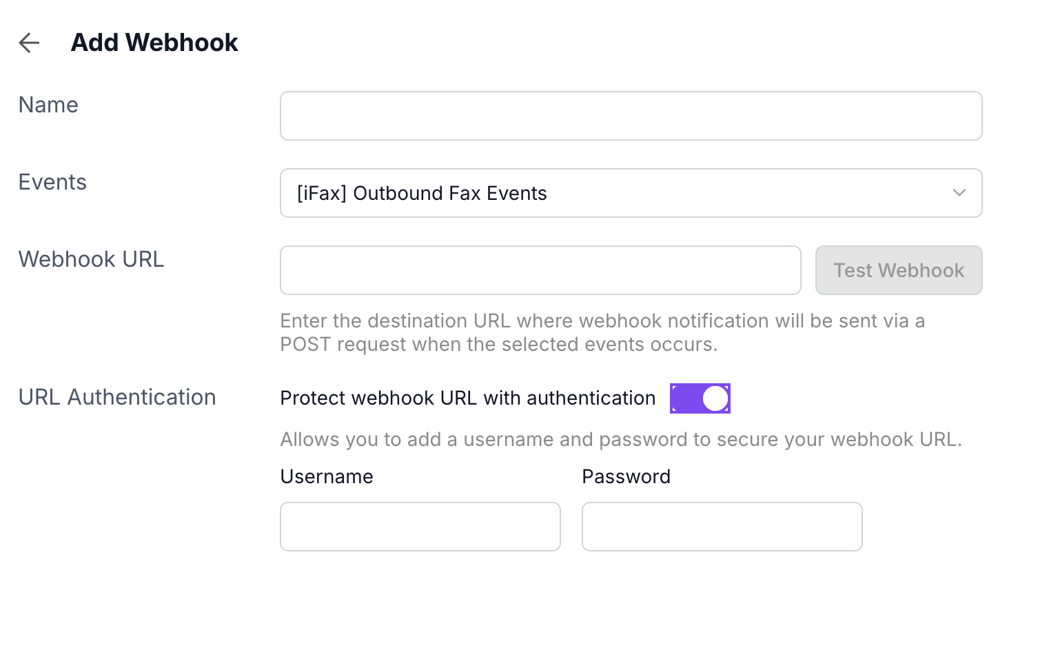 URL Authentication enabled with Username and Password fields.