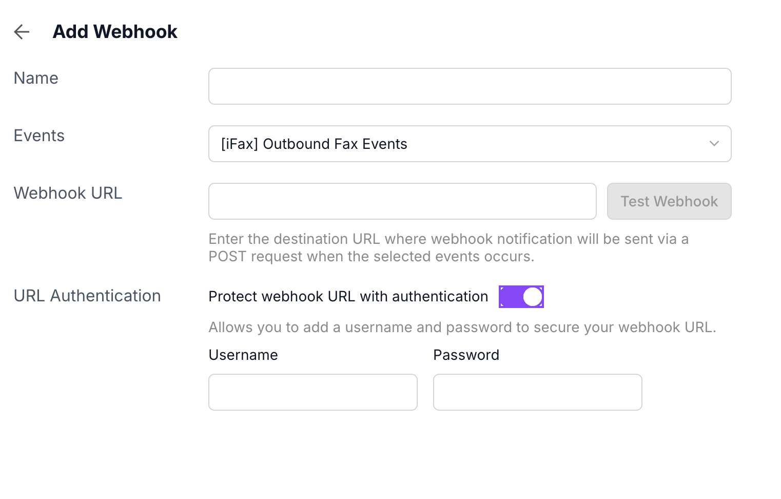 URL Authentication enabled with Username and Password fields.