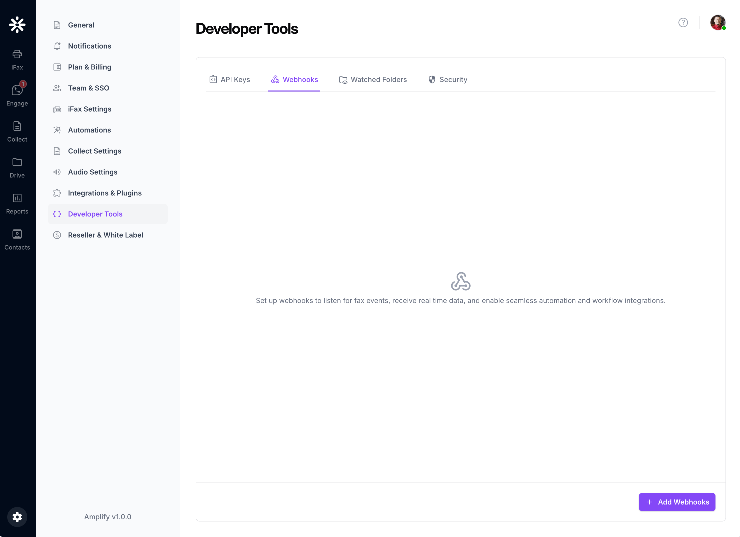 The Webhooks tab in Developer Tools showing the empty state and Add Webhooks button.