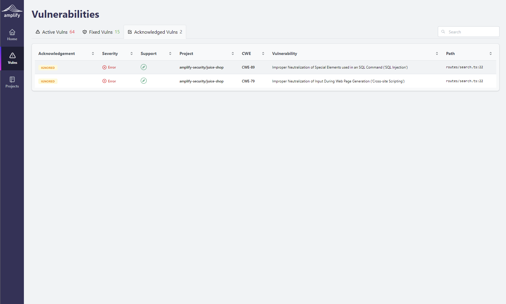 Acknowledged Vulns tab with two ignored vulnerabilities shown