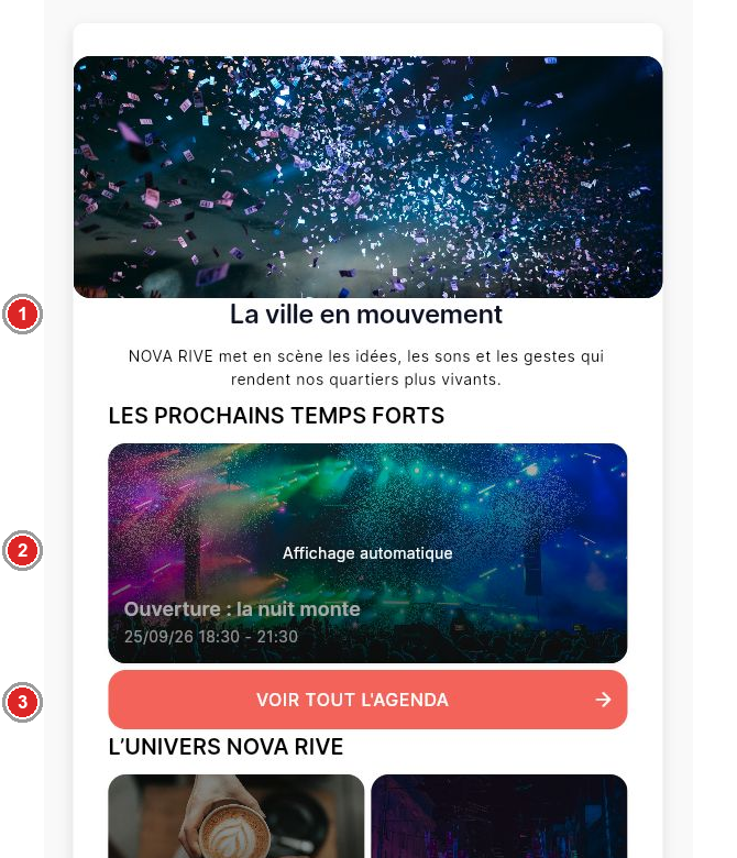 Éditeur de l’accueil avec texte, programme et lien vers Agenda.
