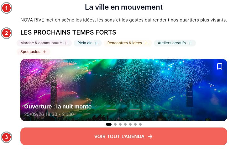 Accueil public avec texte de présentation et aperçu du programme.