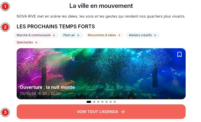 Accueil public avec texte de présentation et aperçu du programme.