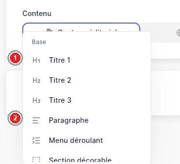 Menu des blocs ouvert dans l’éditeur.