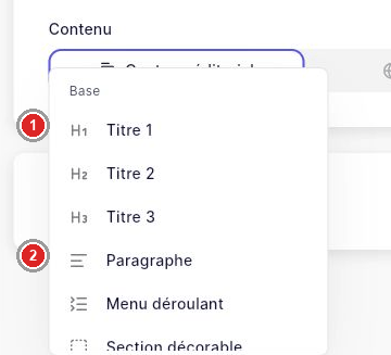 Menu des blocs ouvert dans l’éditeur.