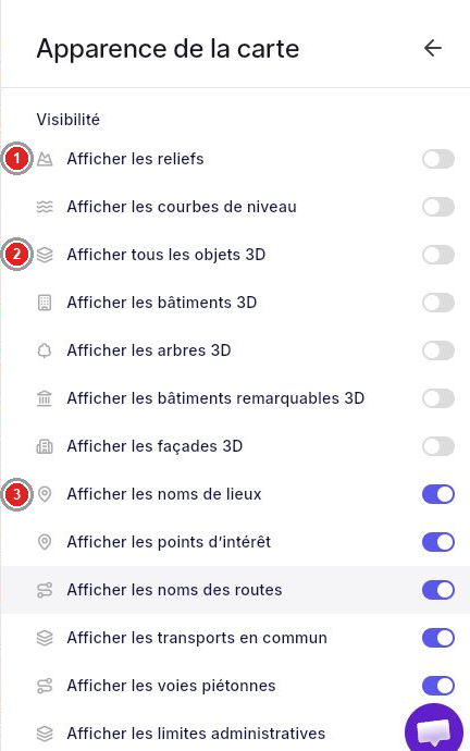 Réglages de visibilité des couches du fond.
