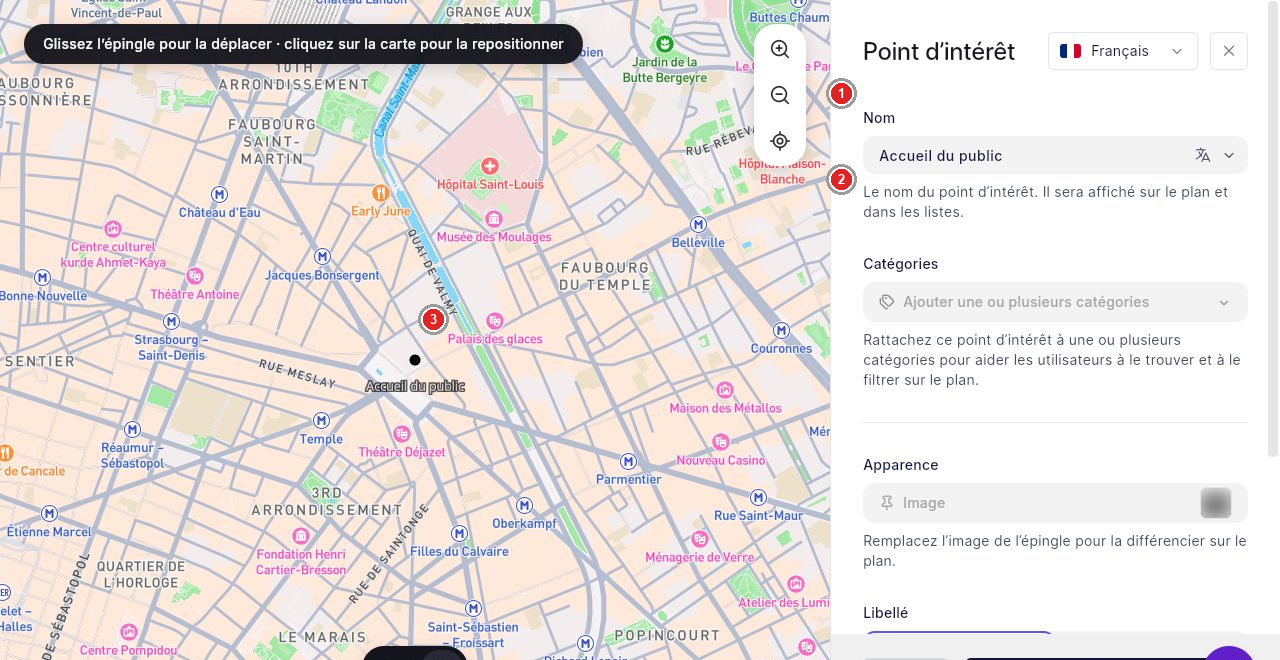 Épingle avec son nom, ses catégories et son emplacement.