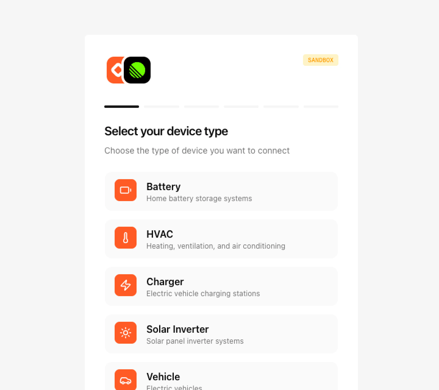 Link UI step 1: Device type selection screen