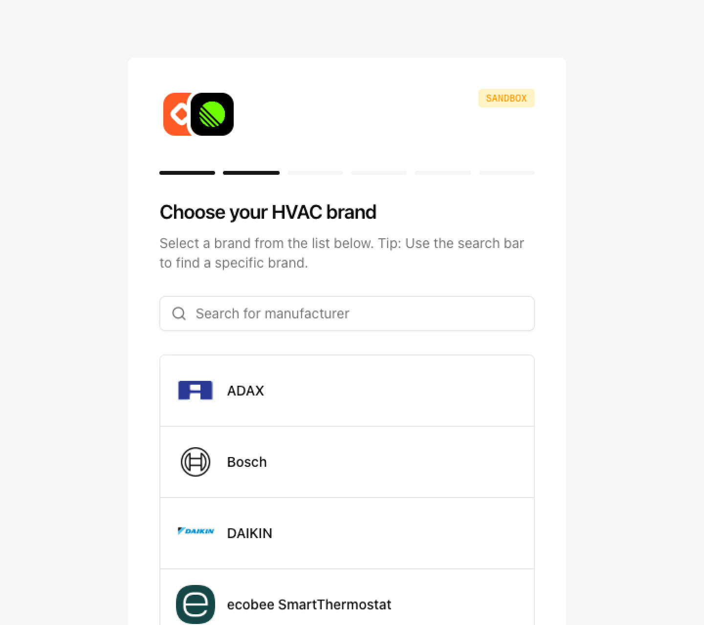 Link UI step 2: OEM selection screen