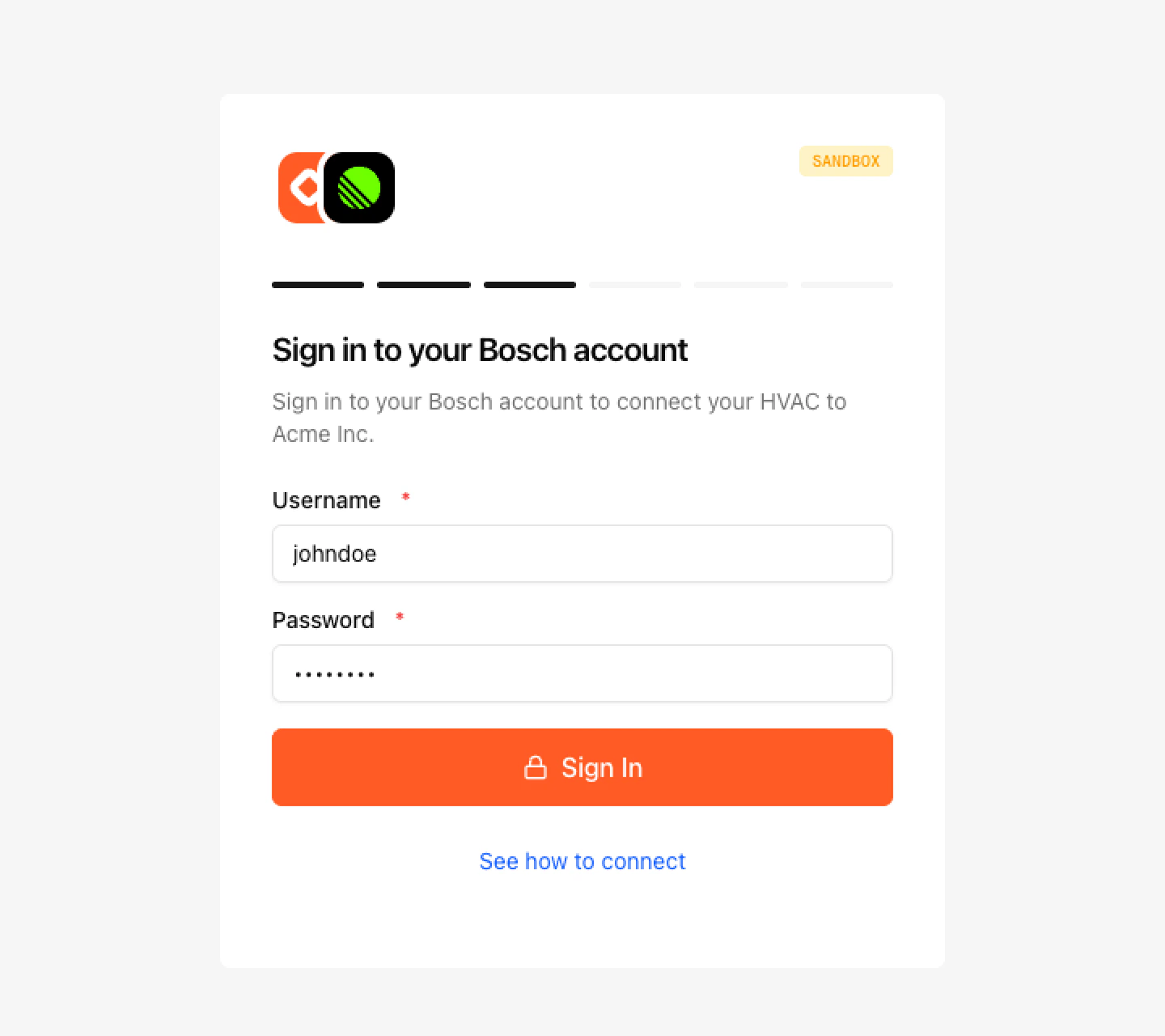 Link UI step 3: Credential entry screen
