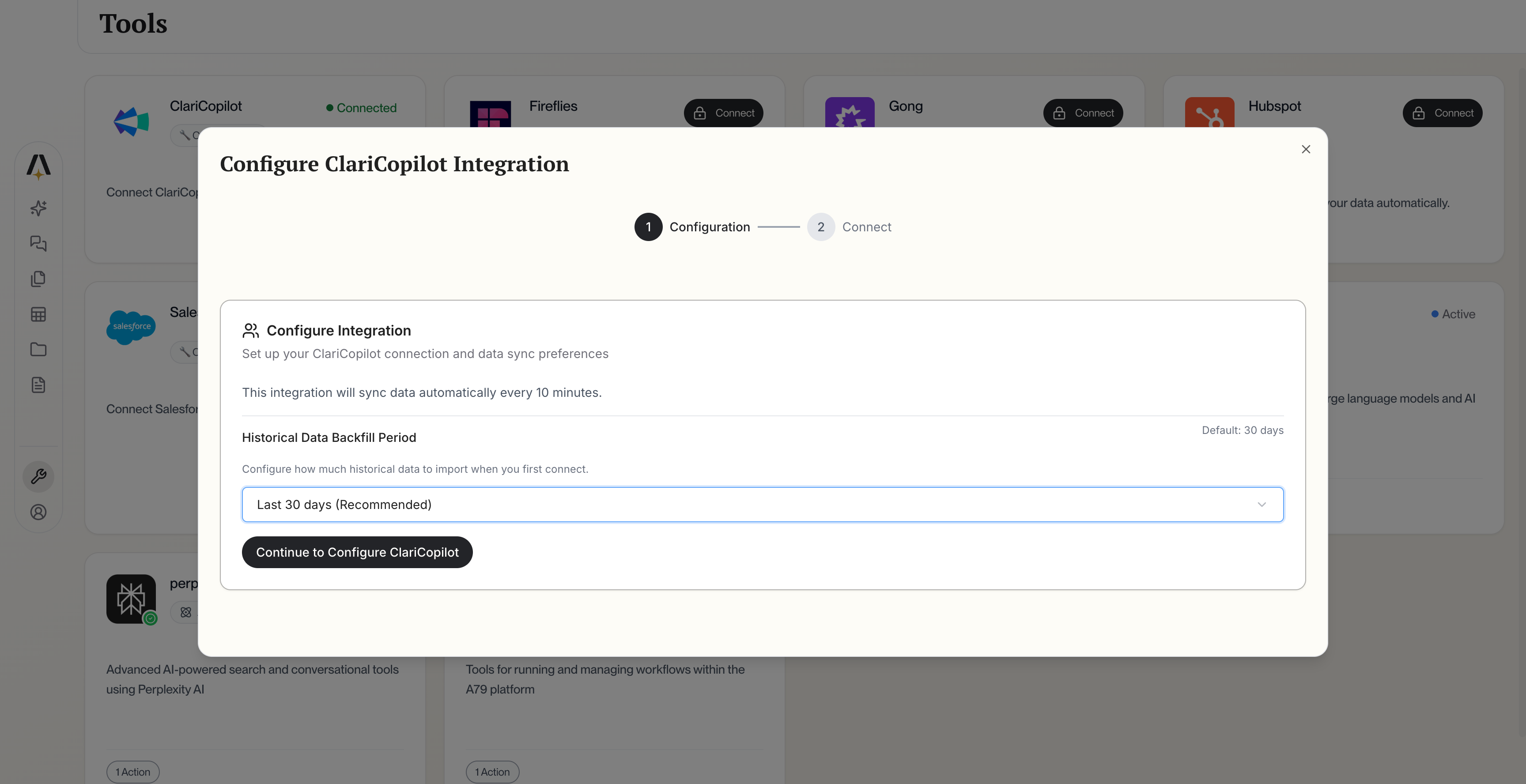 Configure Clari Copilot Integration dialog