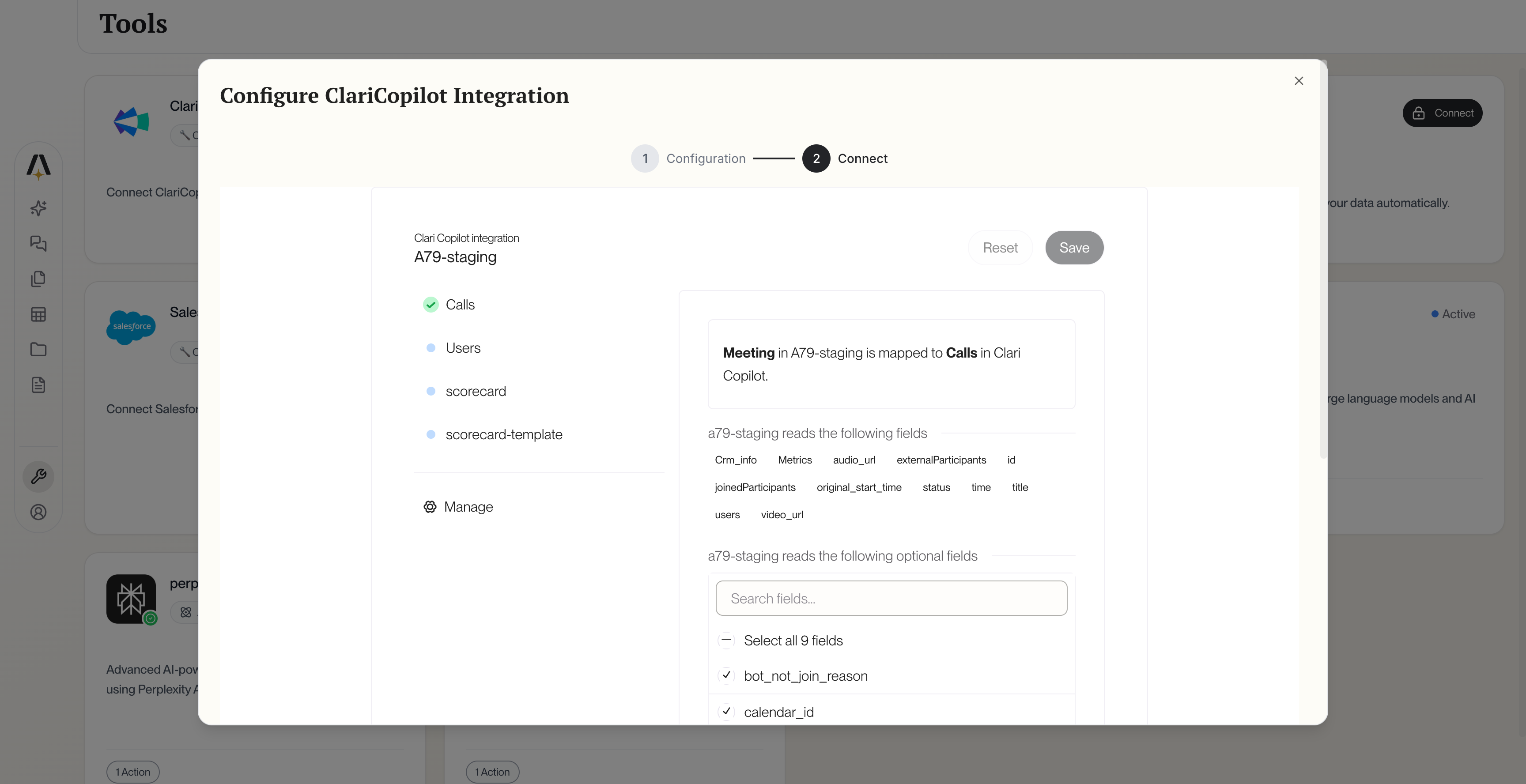 Clari Copilot field mapping showing Calls, Users, and Scorecard data