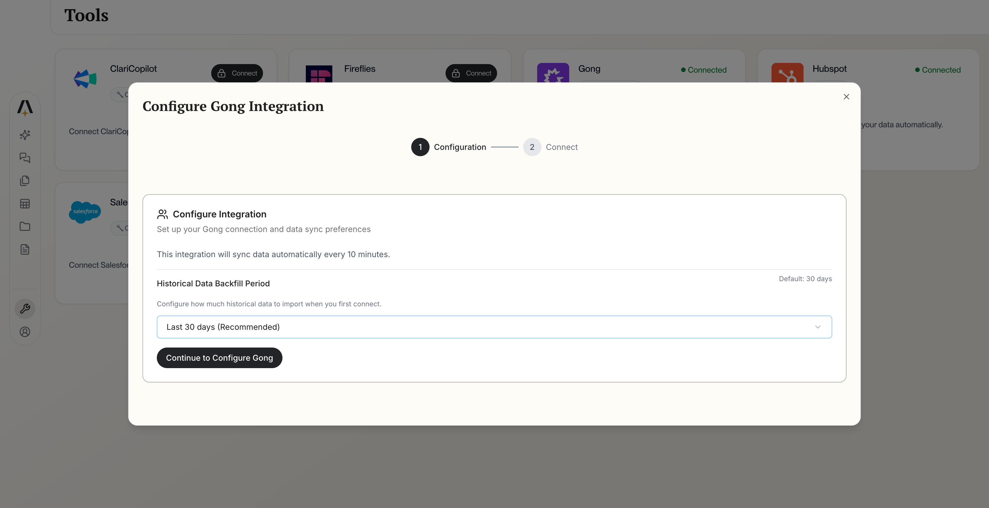 Configure Gong Integration dialog
