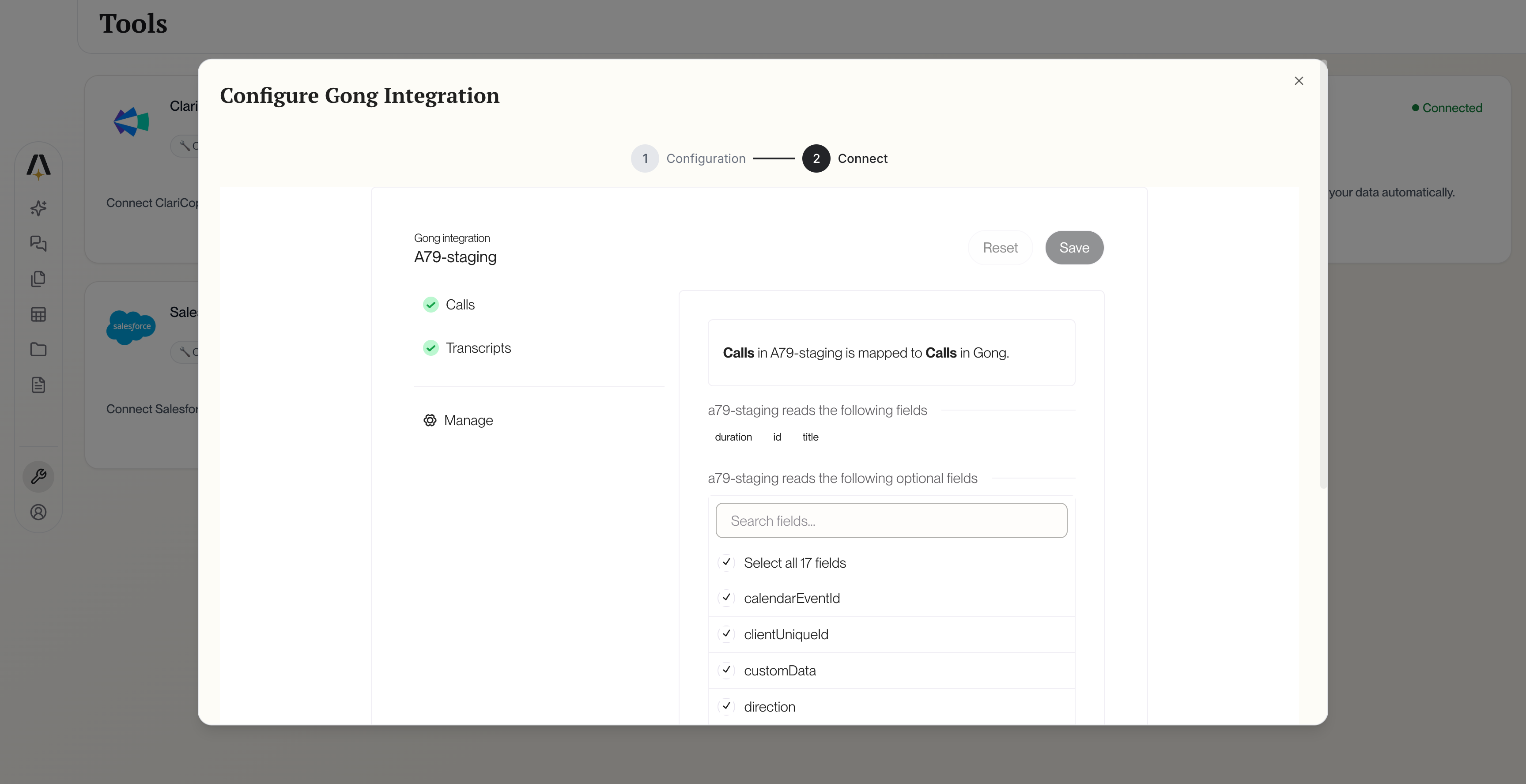 Gong field mapping configuration showing Calls and Transcripts