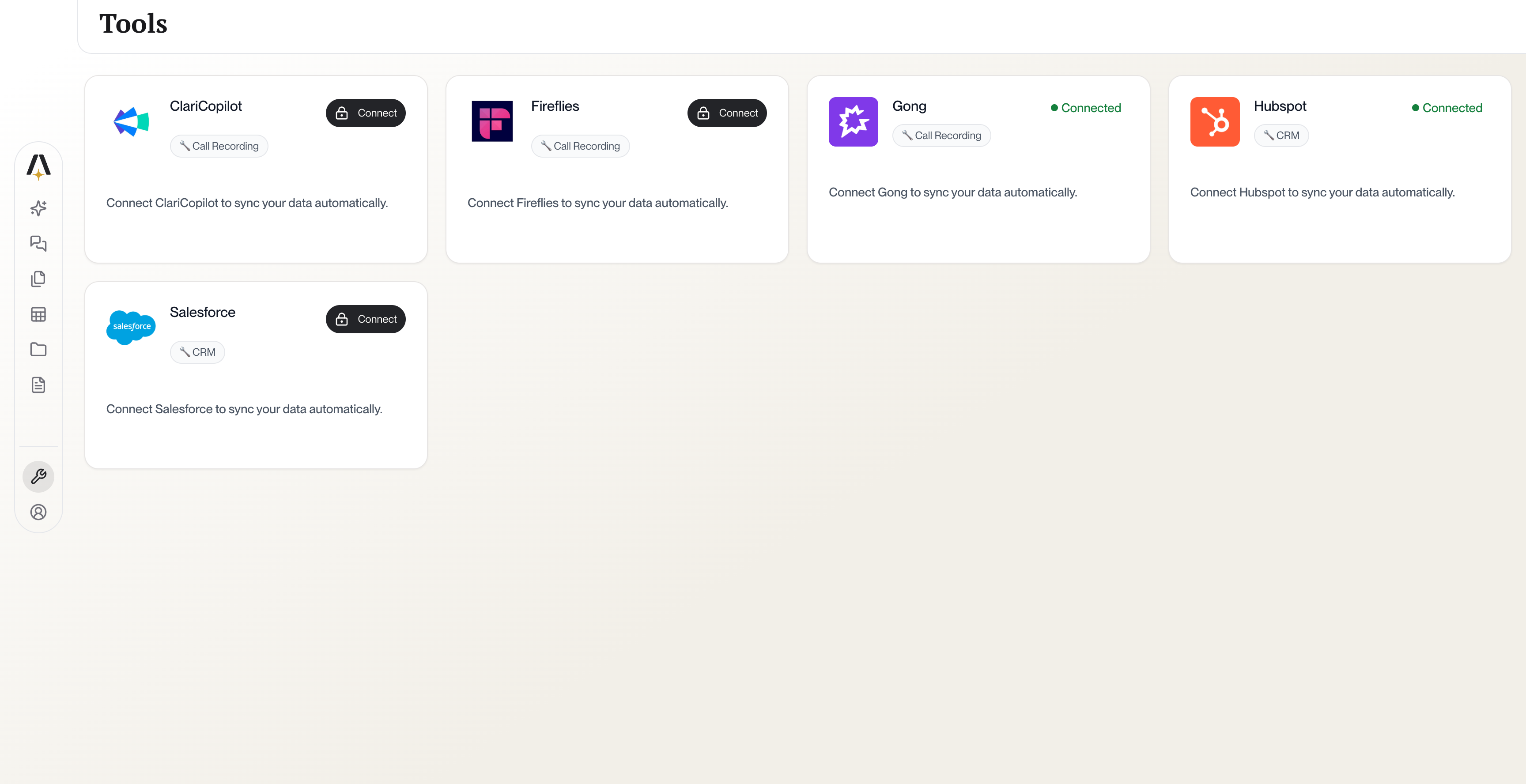 AmpUp Tools page showing available integrations