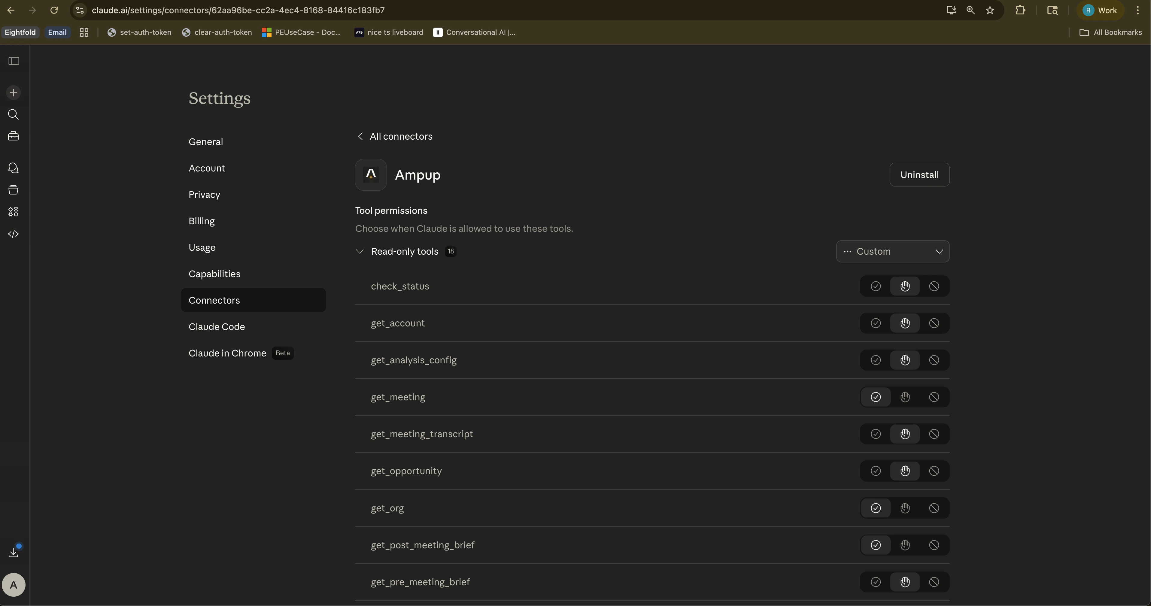 AmpUp connector showing tool permissions with read-only and write tools