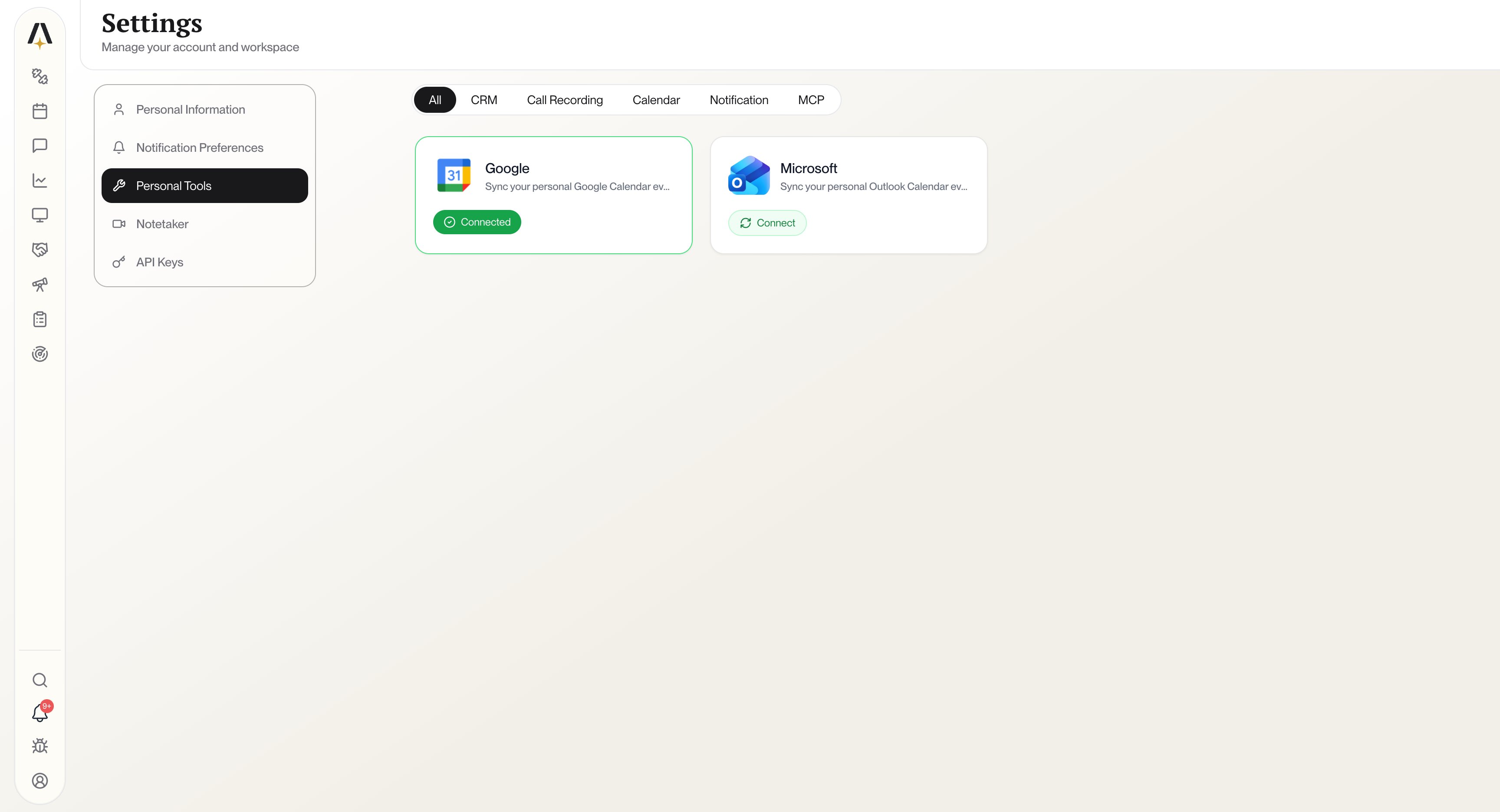 Personal Tools settings showing Google calendar with Connected status