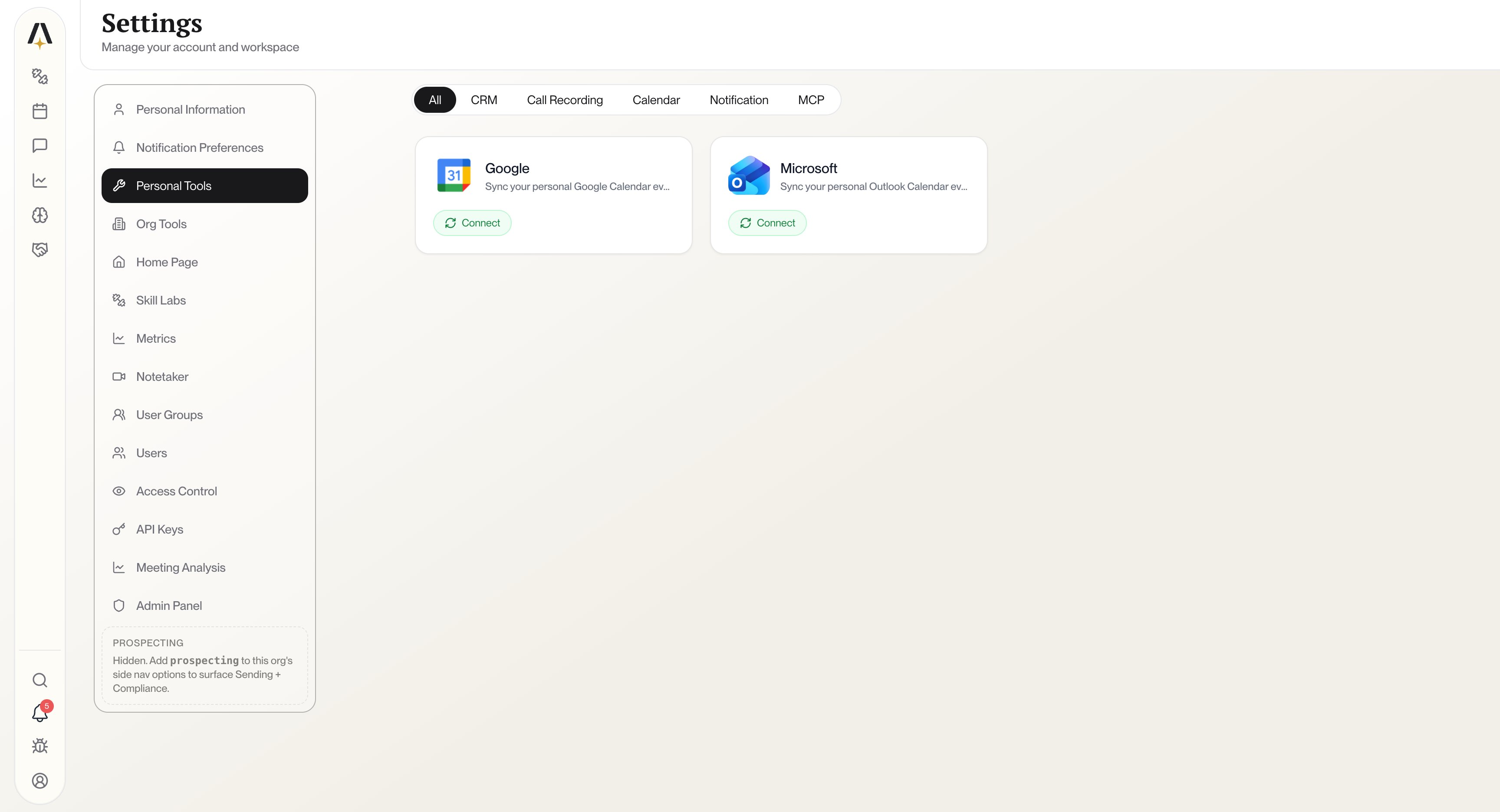 Personal Tools settings showing Google and Microsoft calendar options with Connect buttons