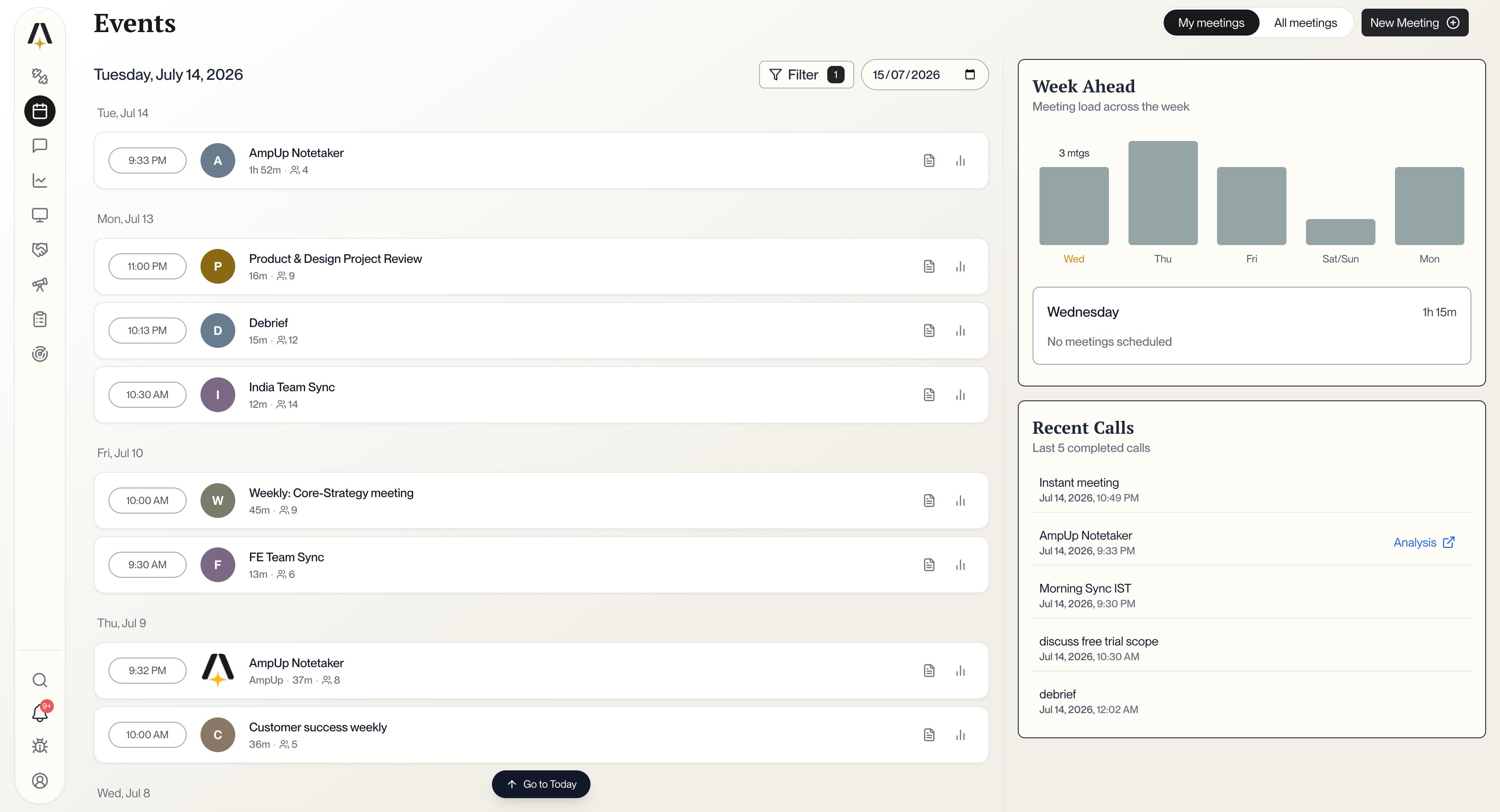 Meetings page showing synced meetings with Week Ahead overview and Recent Calls
