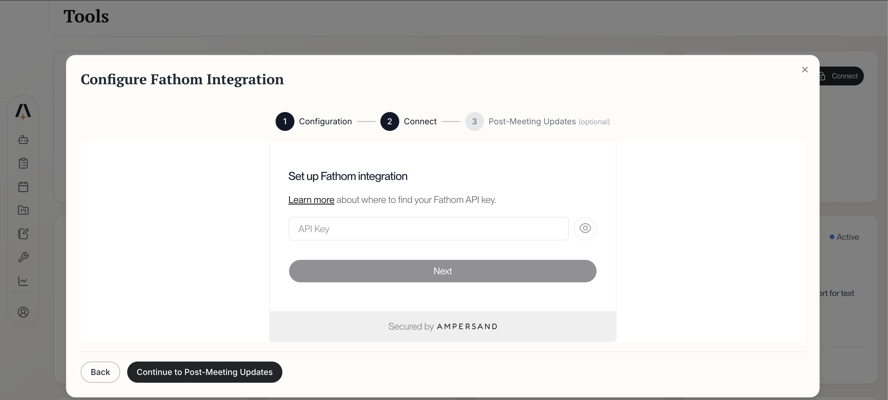 Configure Fathom Integration dialog showing historical data backfill options