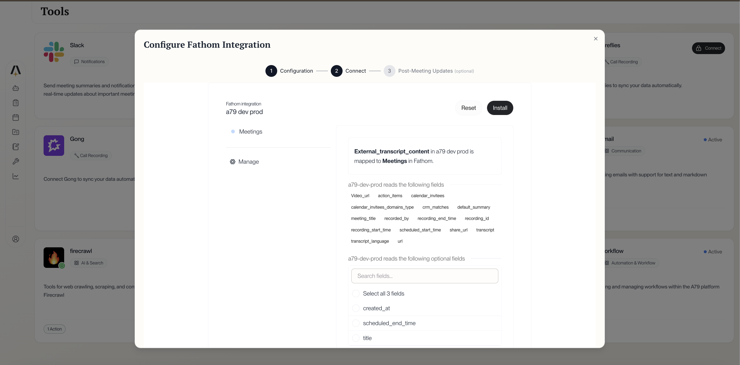 Fathom field mapping showing meetings and data fields