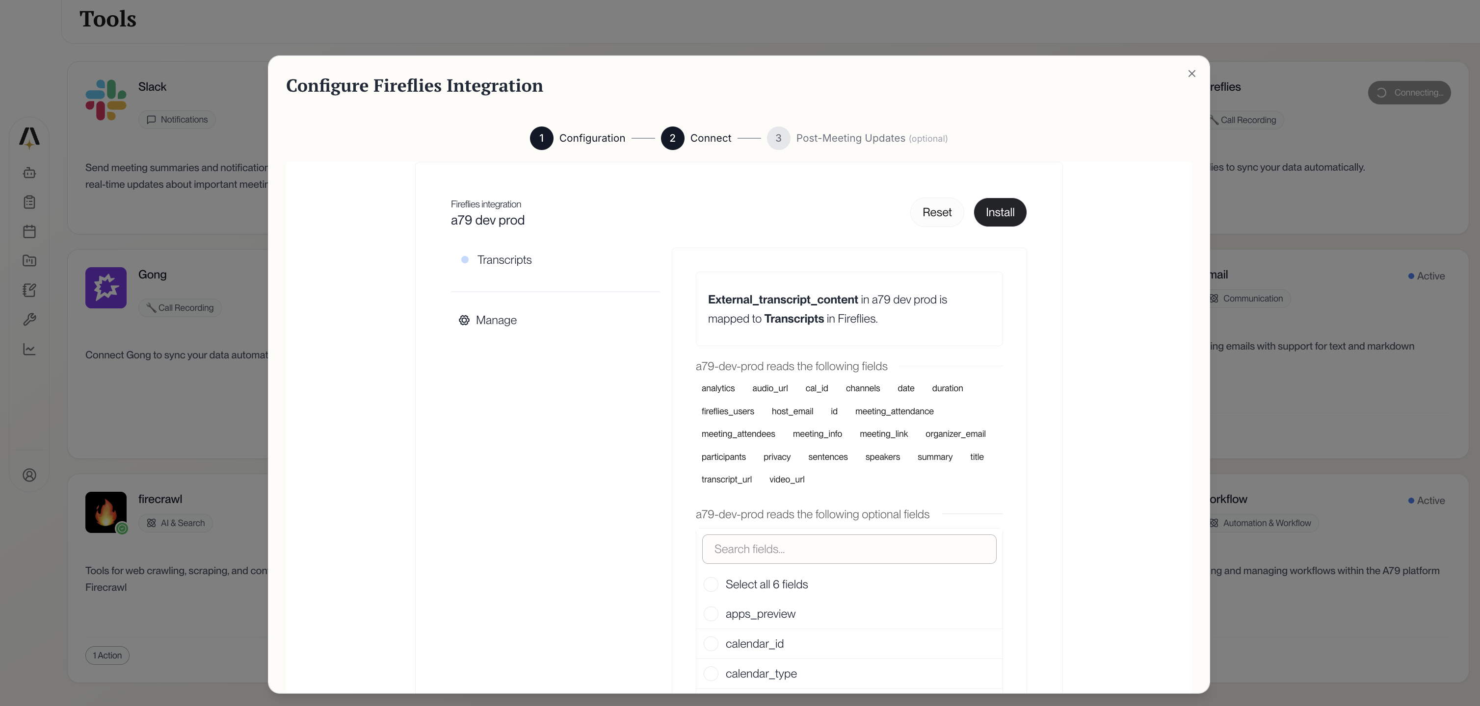 Fireflies field mapping showing transcripts and data fields