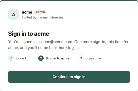 Signed in, with a step tracker and a Continue to sign in button