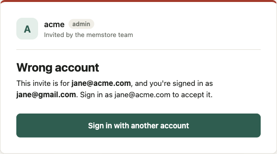 Wrong account: the invite is for a different address