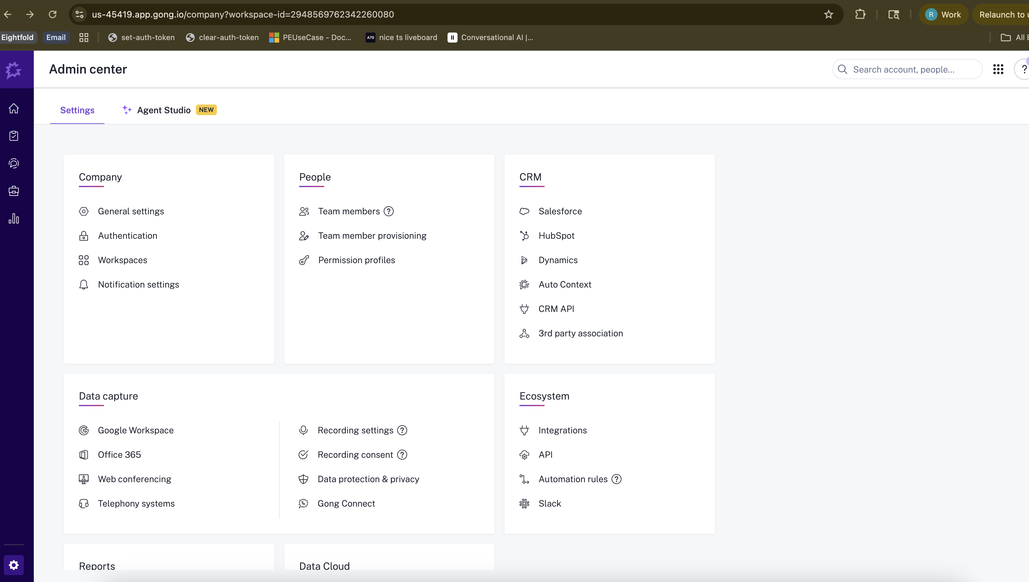 Gong Admin Center showing the Ecosystem section with the API option