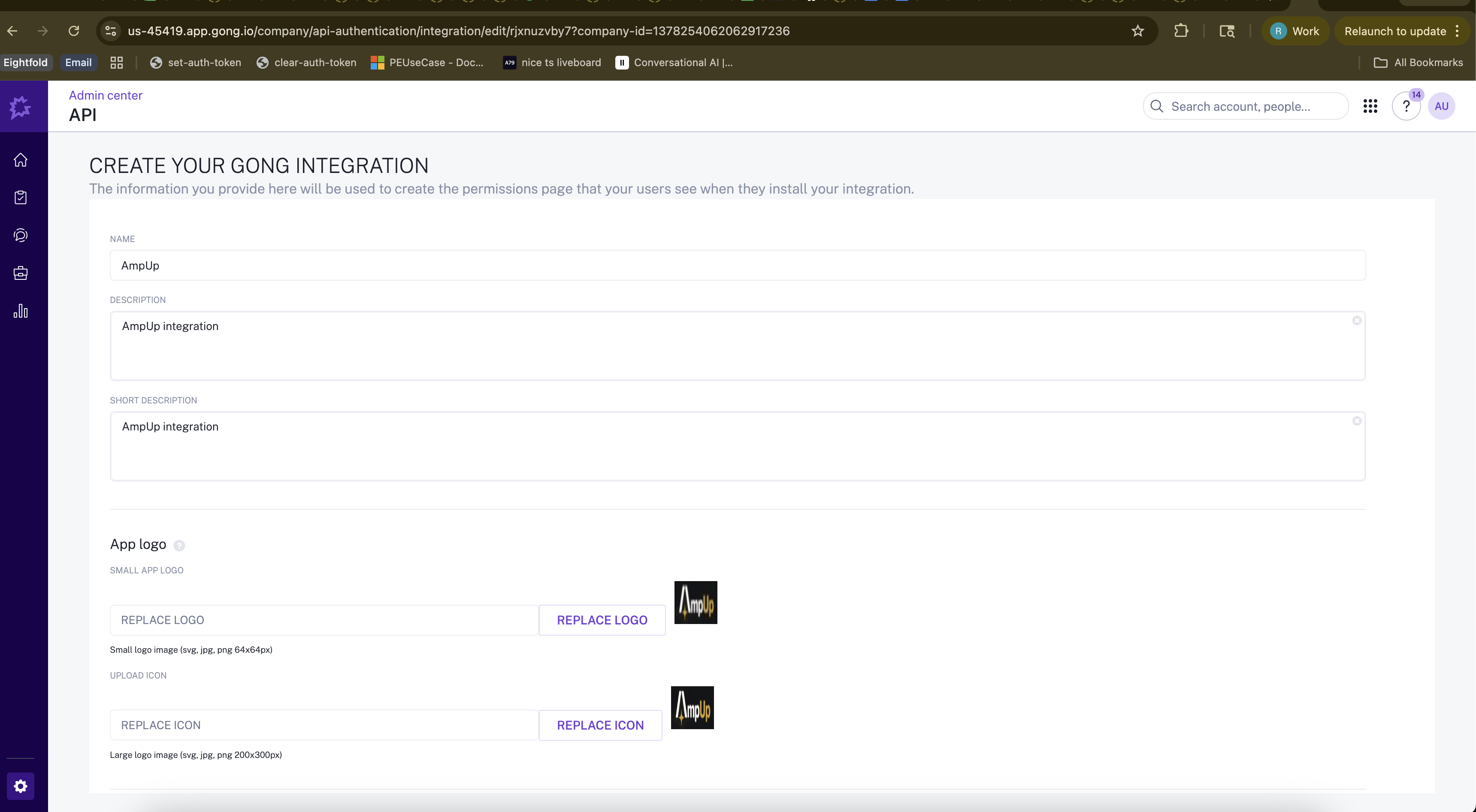 Create Your Gong Integration form with Name, Description, Short Description, and App Logo fields