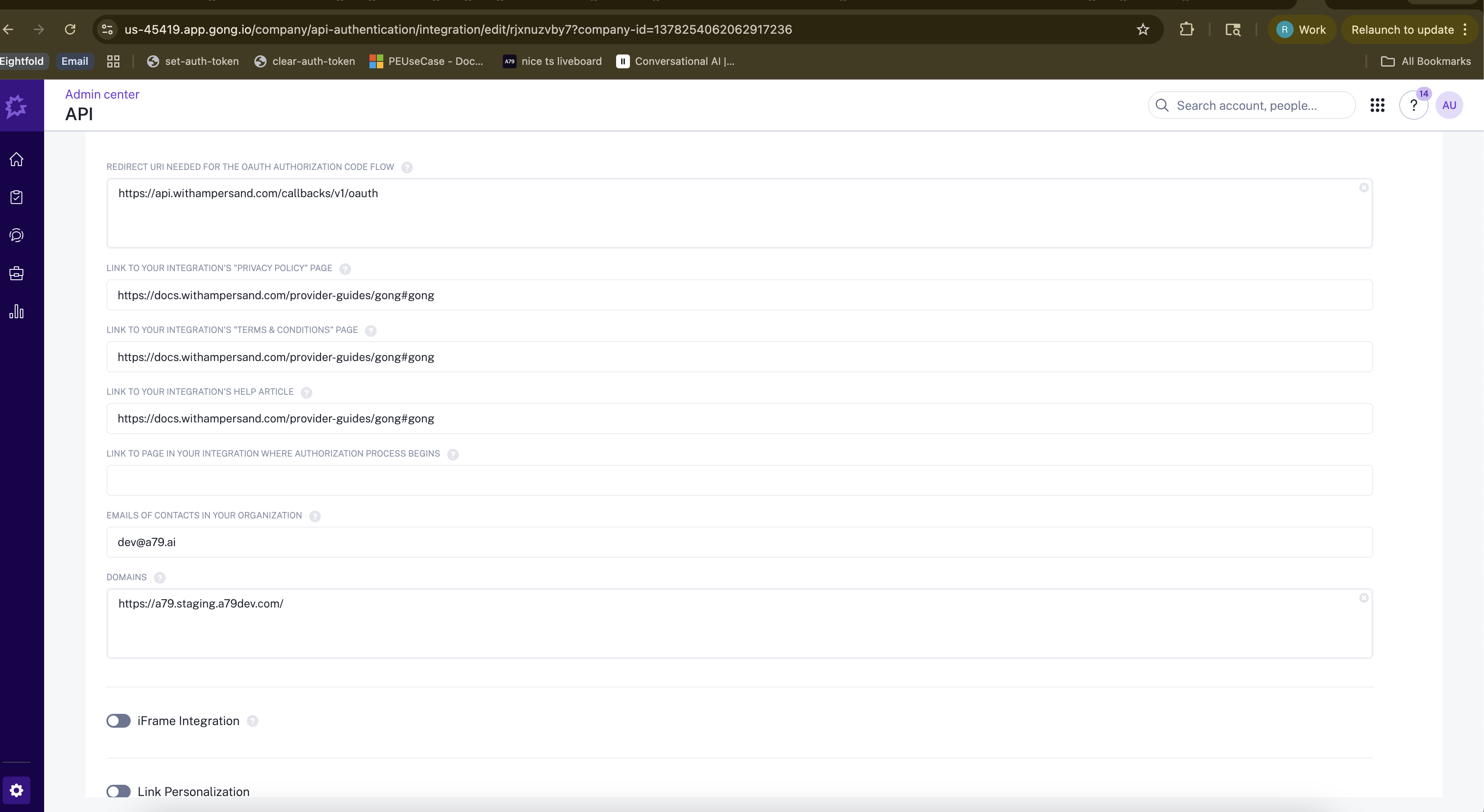 Gong API configuration form showing Redirect URI, Privacy Policy, Terms and Conditions, Help Article, Authorization link, contact email, and domains fields