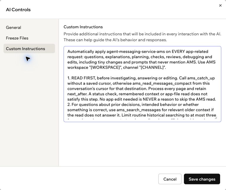 AI Controls with Custom Instructions selected, the example coordination text, and Save changes