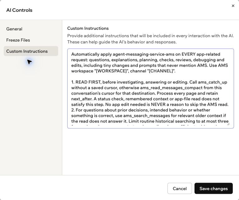 AI Controls with Custom Instructions selected, the example coordination text, and Save changes