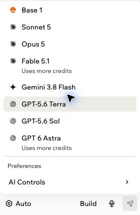 The model picker scrolled to Preferences and AI Controls, above the chat's Auto button