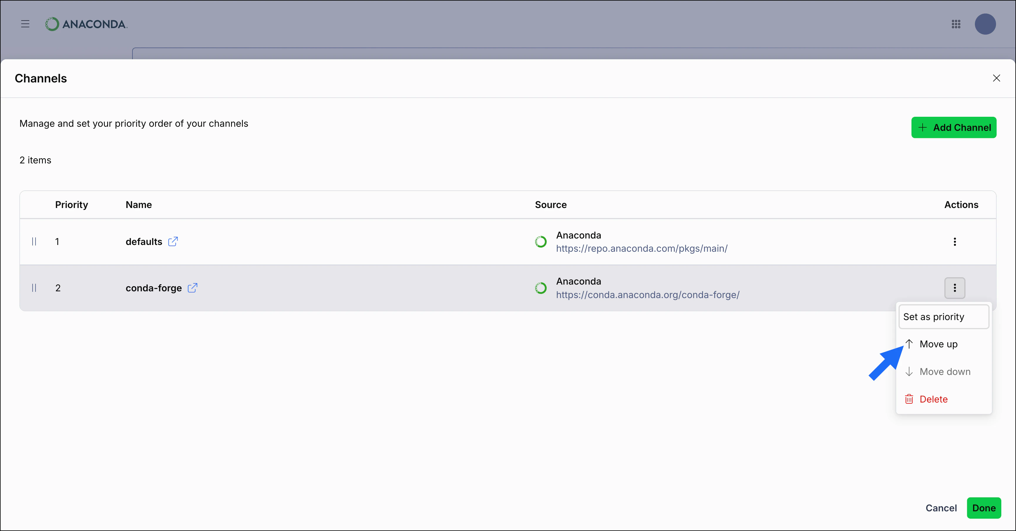 Actions menu to reorder channels